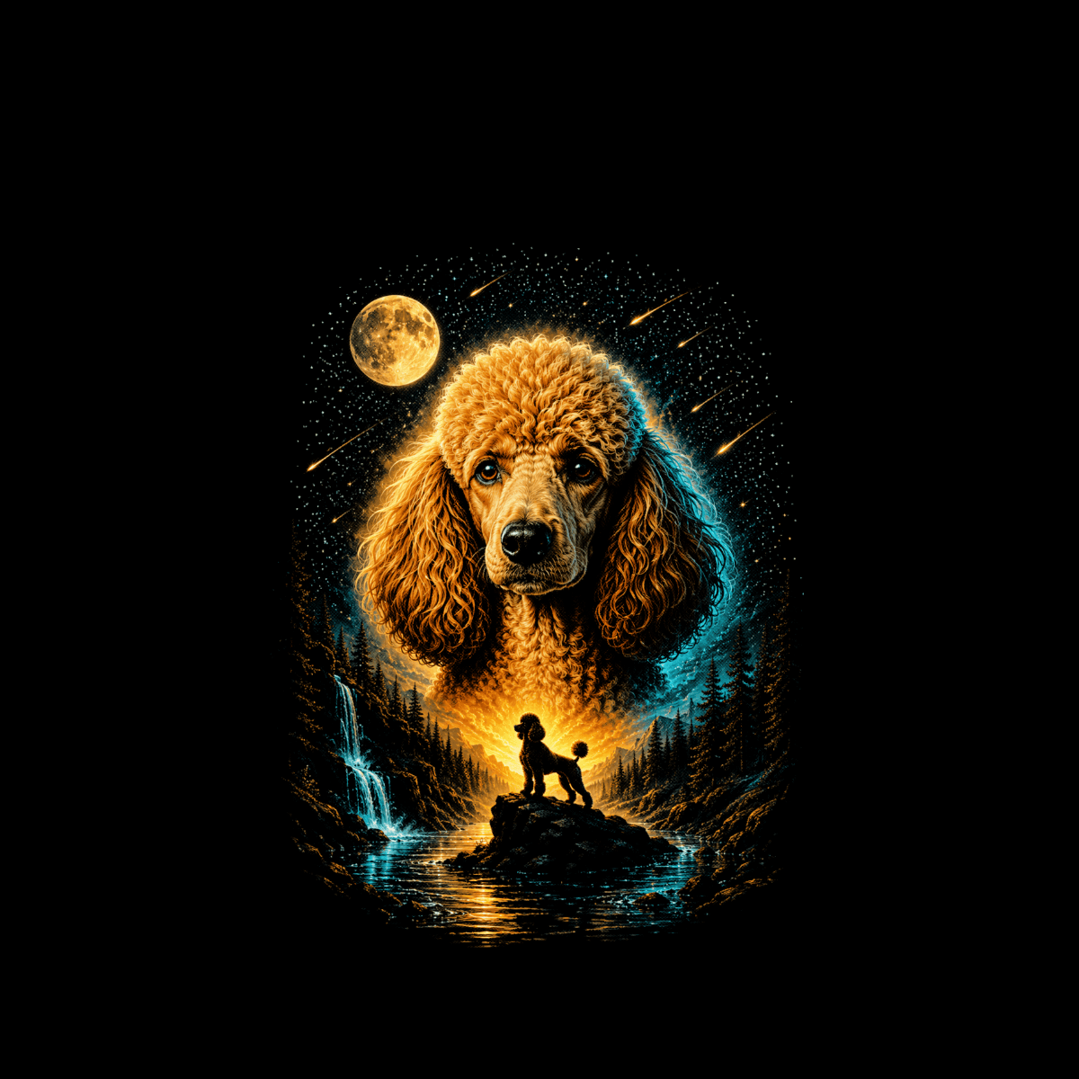 Poodle art with a moon, stars, waterfall, and silhouette dog on a rock.