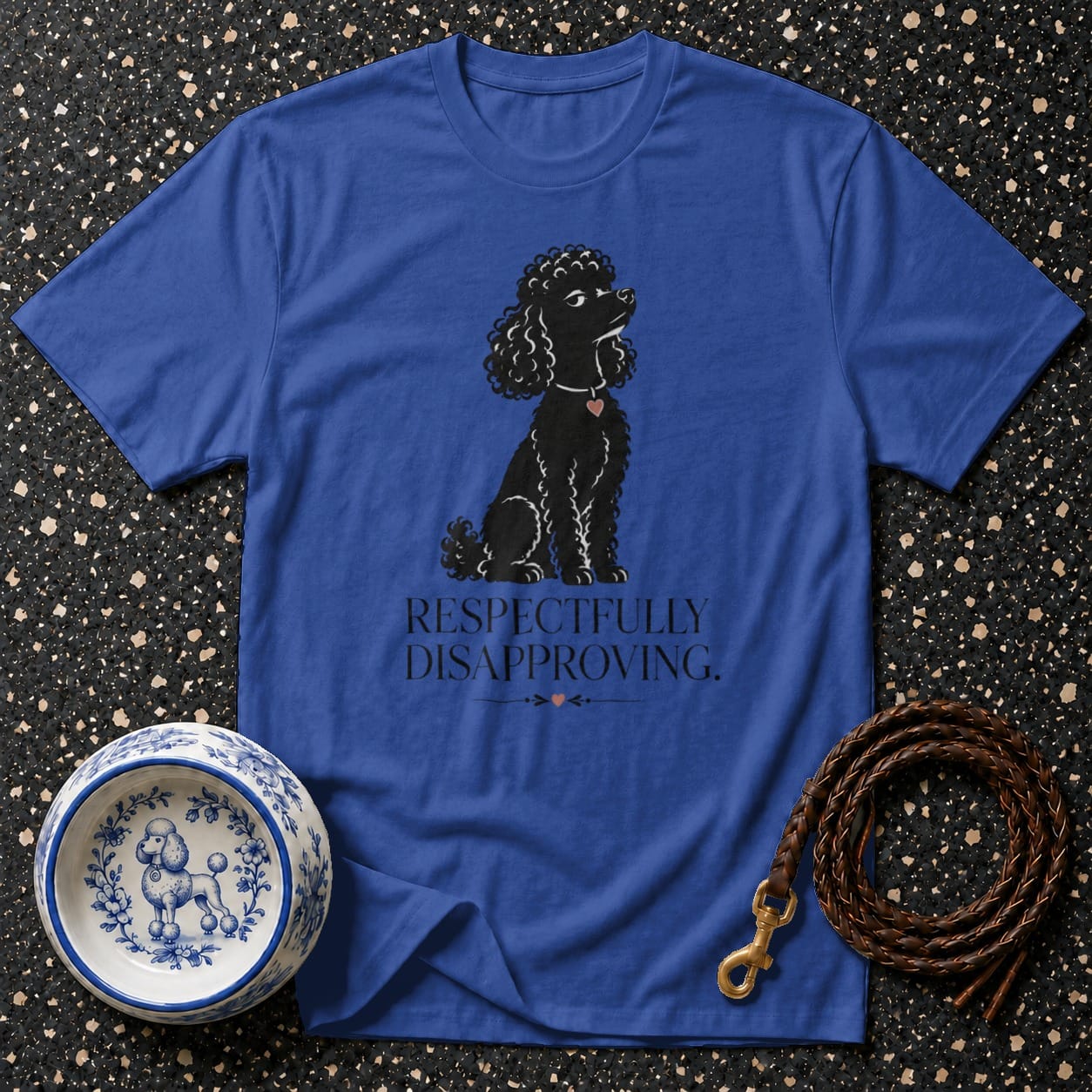 Blue t-shirt with black poodle graphic and text "RESPECTFULLY DISAPPROVING."