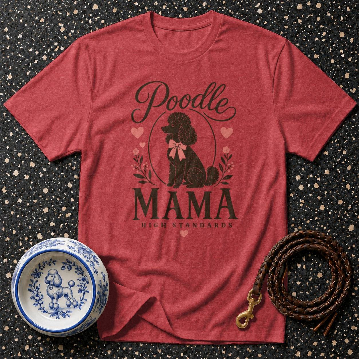 Red t-shirt with "Poodle Mama High Standards" and poodle graphic.